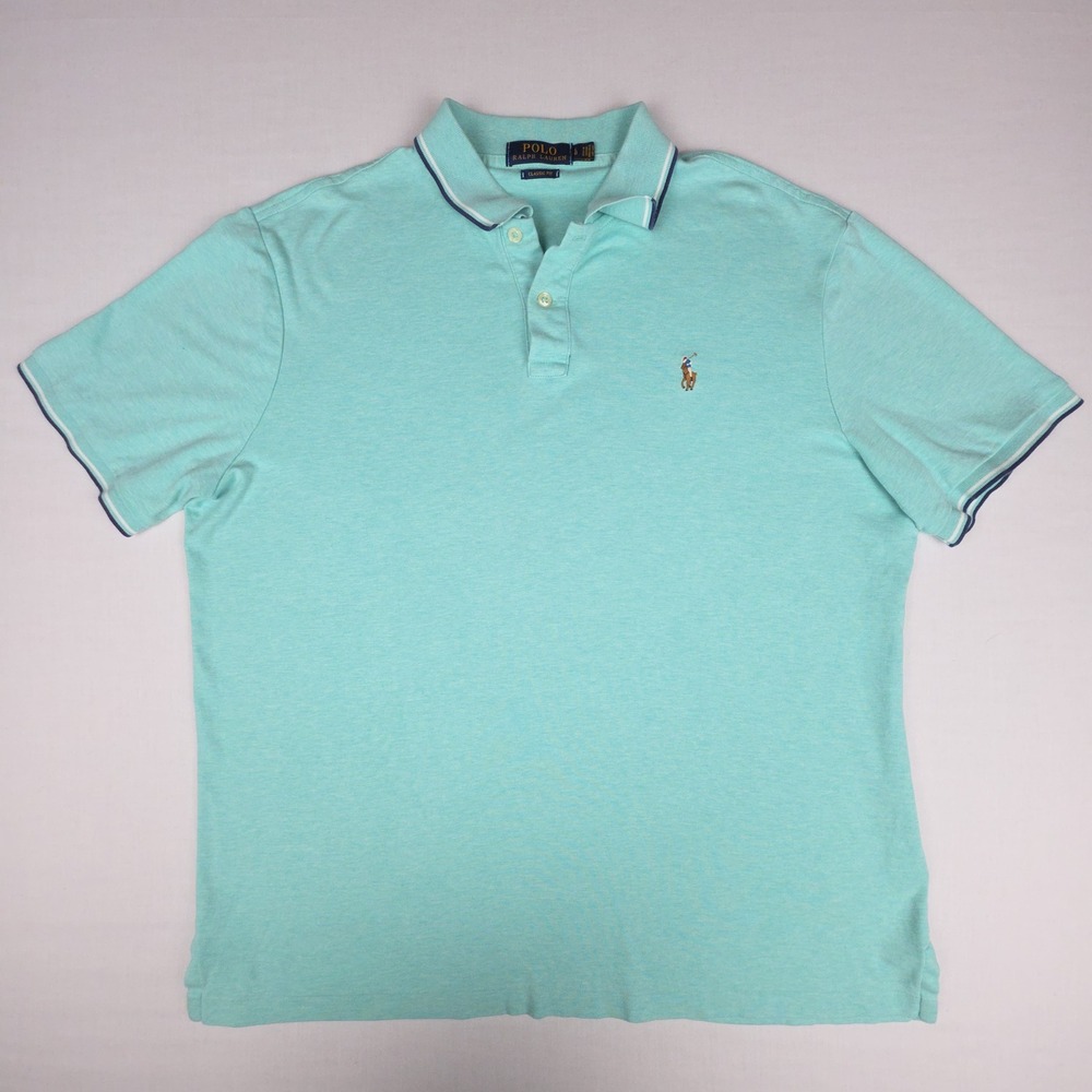 Polo Ralph Lauren Classic Fit Polo Shirt Mens Large Aqua Blue Tipped Flesh Pony